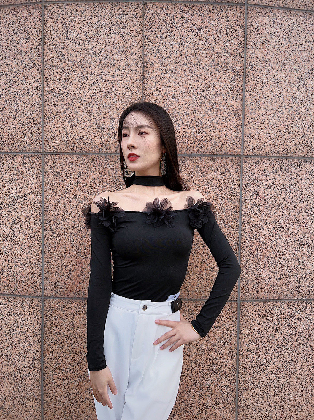 YHDANCE国标舞蹈连体服女一字领露肩带胸垫拉丁连体衣摩登上衣C90