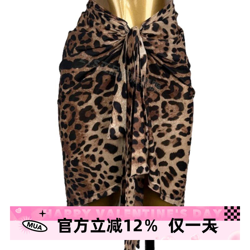 拉丁舞服网纱豹纹臀巾女成人一片式系带舞蹈半身裙练功服围裙屁帘