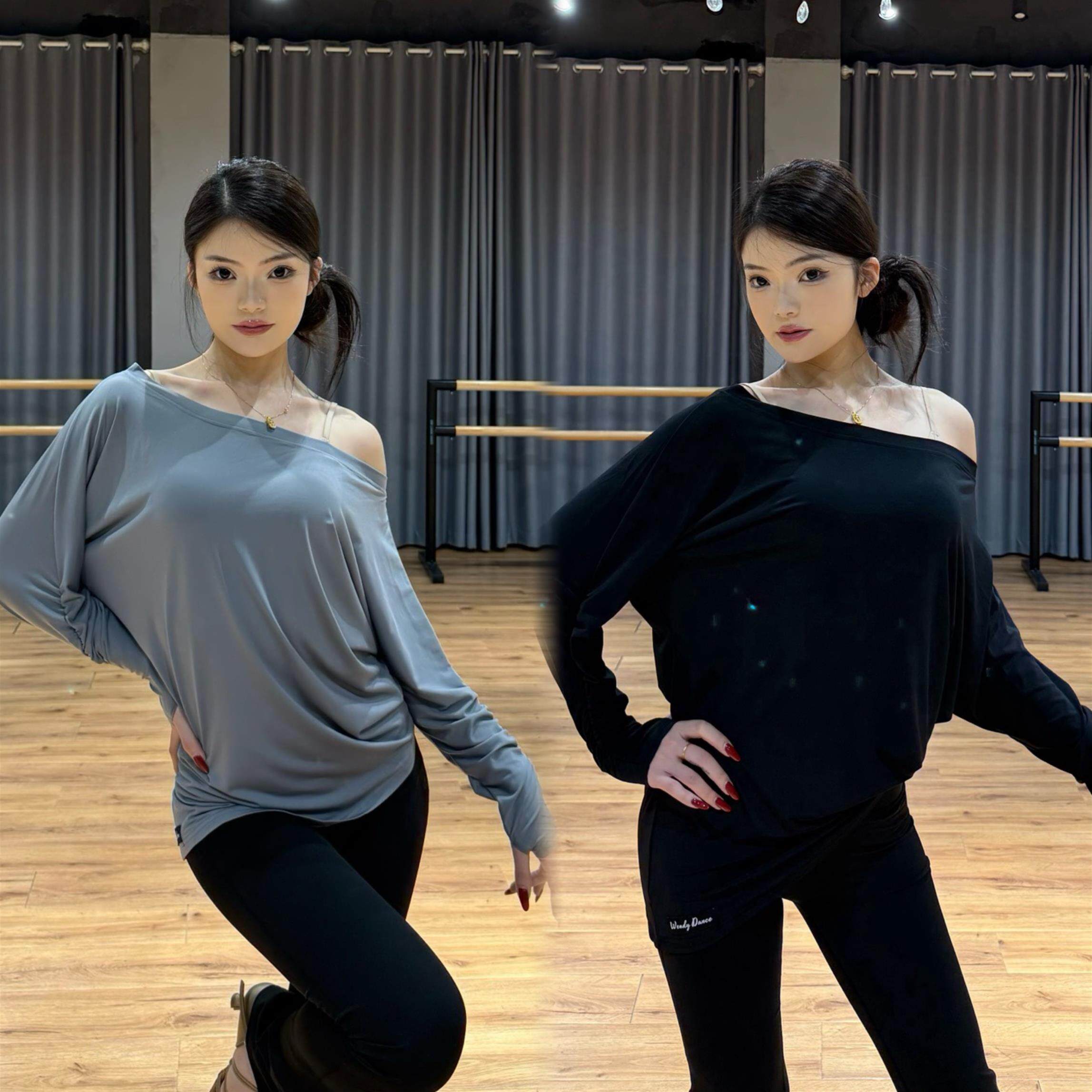 拉丁舞服成人女长袖斜肩罩衫灰黑色上衣连指扣练舞教课表演