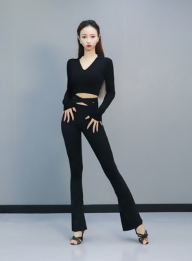 舞服黑色拉丁舞微喇裤高腰收腹上衣polo领练功舞蹈裤子女成人伦巴