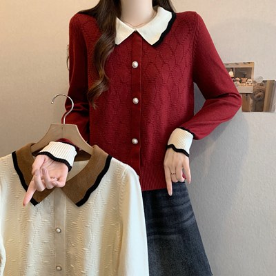 实拍大码红色娃娃领拼色打底衫女秋冬胖MM时尚百搭短款针织上衣