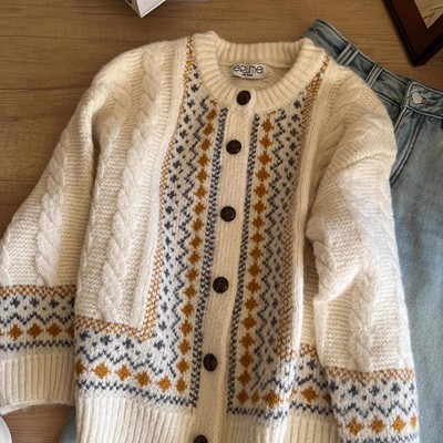 复古慵懒风费尔岛毛衣女秋冬2025新款高级感宽松加厚针织开衫外套