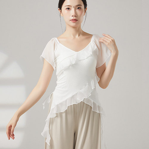 现代古典舞短袖练功服荷叶边形体上衣V领演出服夏季雪纺舞蹈服女