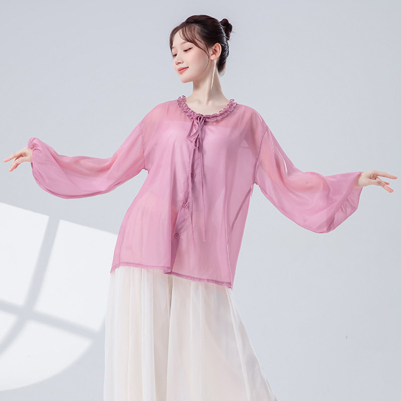 现代舞宽松荷叶边衬衫系带上衣练功服古典舞飘逸长袖舞蹈服开衫女