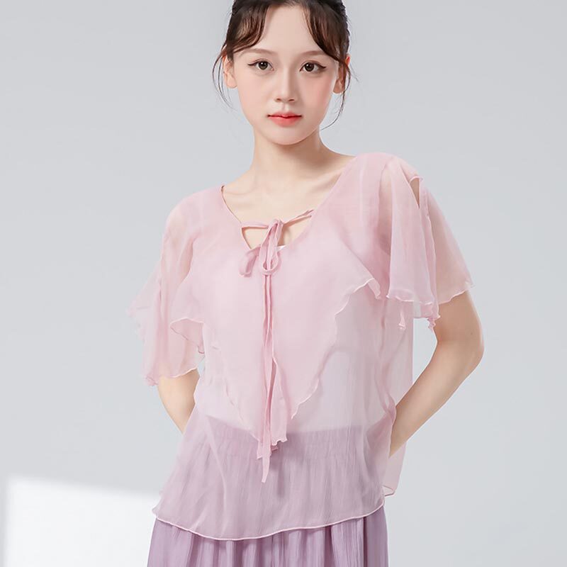 古典舞飘逸短袖纱衣中国现代舞练功服上衣系带披肩罩衫演出服装女