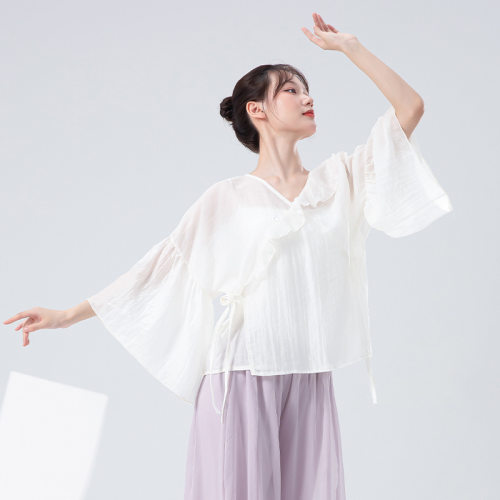 现代舞宽松系带开衫中国古典舞荷叶边V领演出服飘逸舞蹈服上衣女
