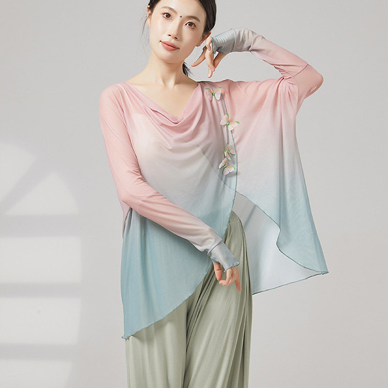 古典舞荡领套指纱衣练功服宽松套头网纱罩衫成人渐变色演出舞蹈服