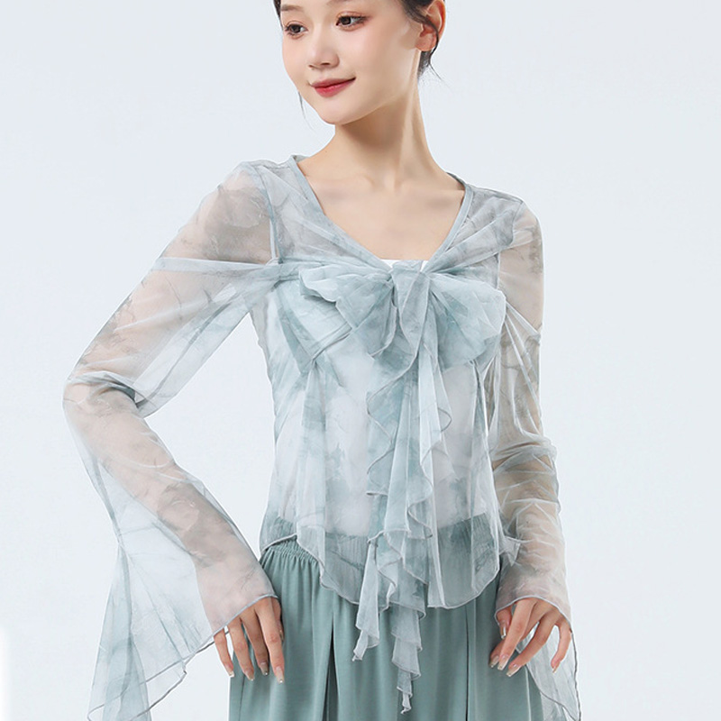 新款飘逸喇叭袖网纱舞蹈服演出服