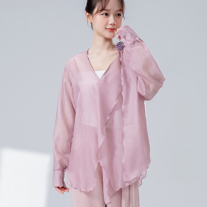 古典现代舞飘逸宽松练功服中国舞V领演出服中长款仙气纱衣衬衫