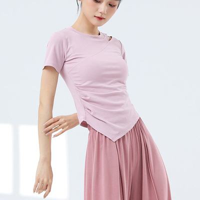 现代古典舞短袖上衣圆领露肩练功服学生显瘦专业舞蹈服斜角形体服