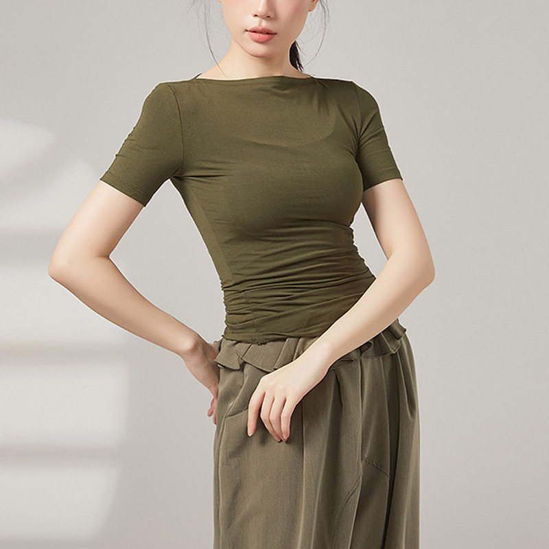 夏季短袖一字领练功服现代舞莫代尔显瘦舞蹈服学生形体瑜伽服上衣
