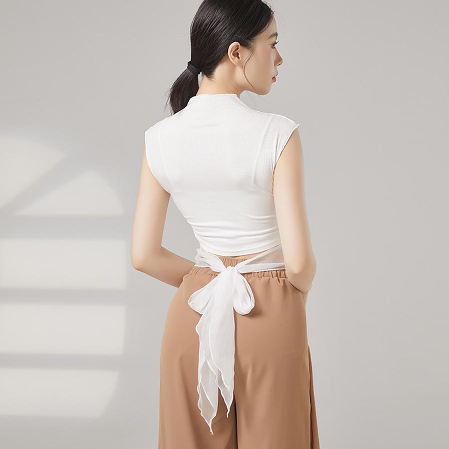 现代舞修身跳舞上衣学生飘带练功服小高领无袖t恤形体舞蹈服装女
