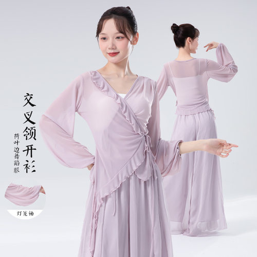 现代古典舞交叉V领荷叶边舞蹈服飘逸网纱练功服灯笼袖纱衣演出服