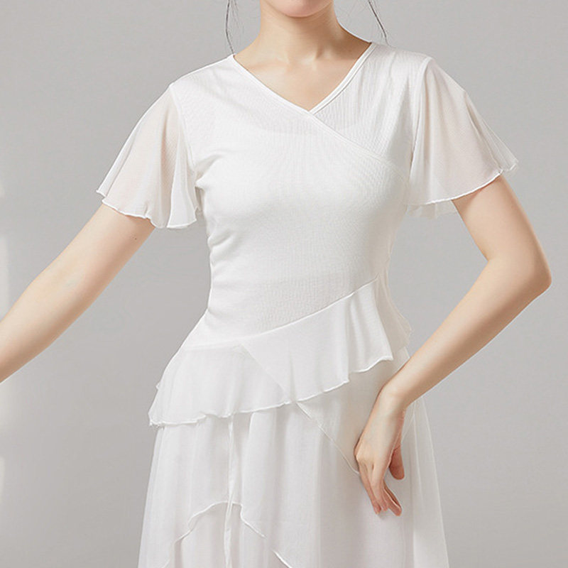夏季现代舞短袖舞蹈服上衣V领荷叶边形体服身韵网纱瑜伽练功服女