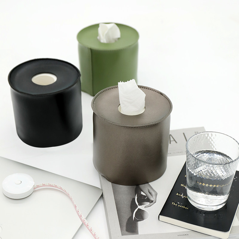 北欧in风简约皮革圆筒纯色纸巾盒