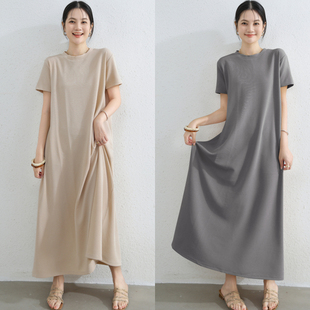 春夏新款日系短袖长裙女宽松圆领气质连衣裙纯色泡泡外穿长袖大码