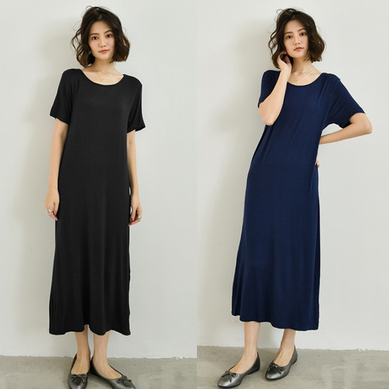 韩版A字莫代尔纯色宽松大码长裙