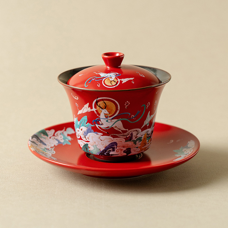 陶瓷中国红敦煌系列彩云九色鹿梦可三才盖碗个人家用防烫泡茶器