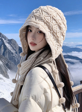 秋冬镂空钩花护耳帽女流苏毛球针织帽川西旅游显脸小包头毛线帽子