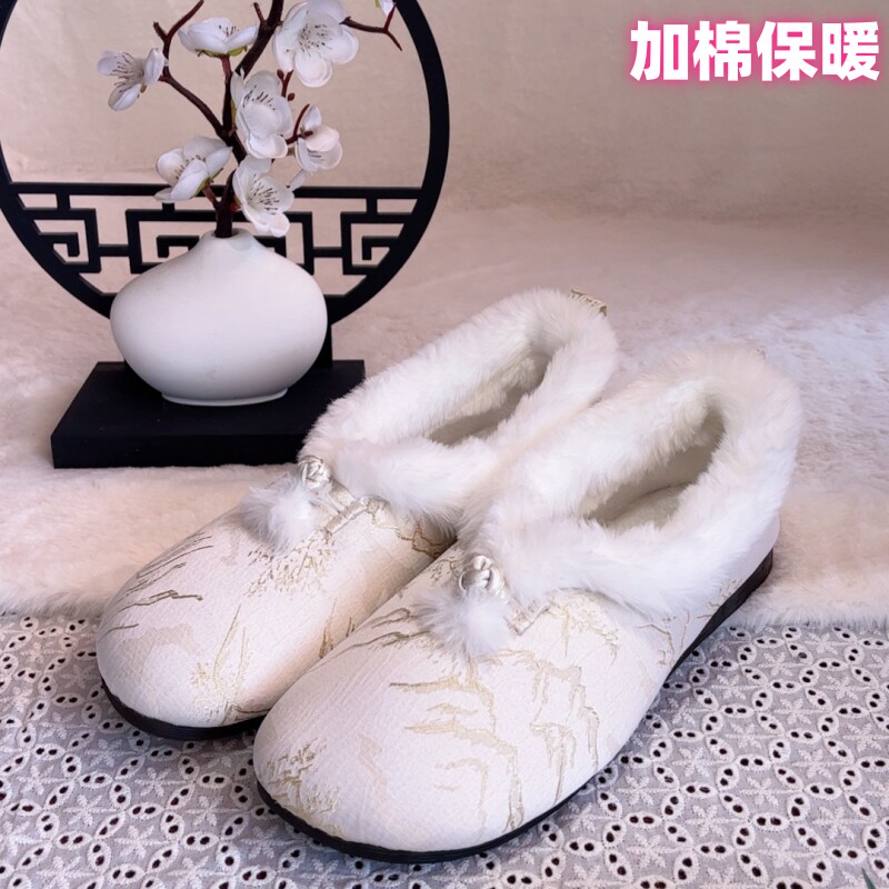 2025冬季老北京布鞋毛口一脚蹬妈妈棉鞋搭旗袍汉服保暖加绒绣花鞋