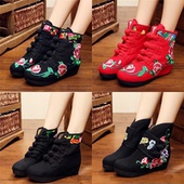 内增高民族风绣花短靴中国风高跟复古靴 女保暖棉鞋 冬季 老北京布鞋