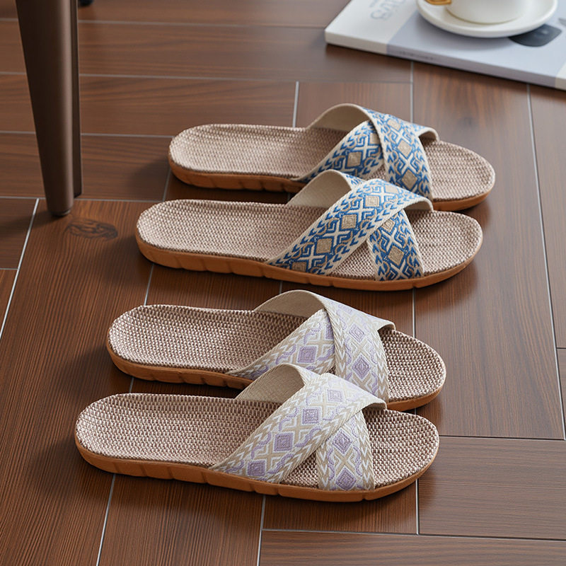 新款夏老北京布鞋交叉带花朵民族风家居凉拖鞋防臭天然亚麻拖鞋女