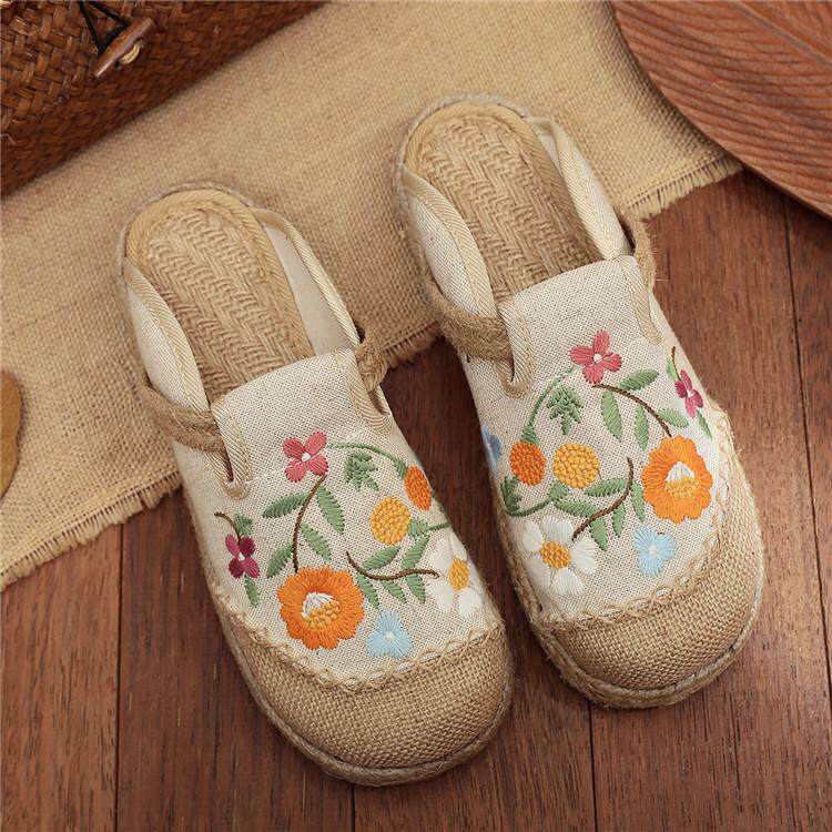 民族风棉麻透气拖鞋外穿布鞋古风绣花拖鞋女一脚蹬手工编织拖鞋夏