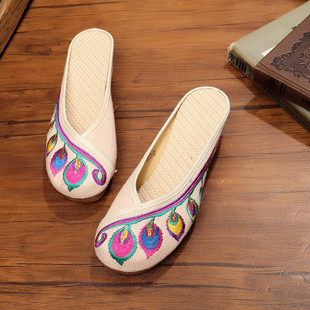 金木鱼老北京布鞋女夏绣花民族风拖鞋亚麻透气坡跟厚底包头凉拖鞋