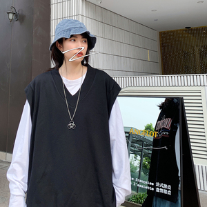 2021卫衣男女宽松假两件韩版坎肩无袖上衣ins超火背心外套 两件套图片