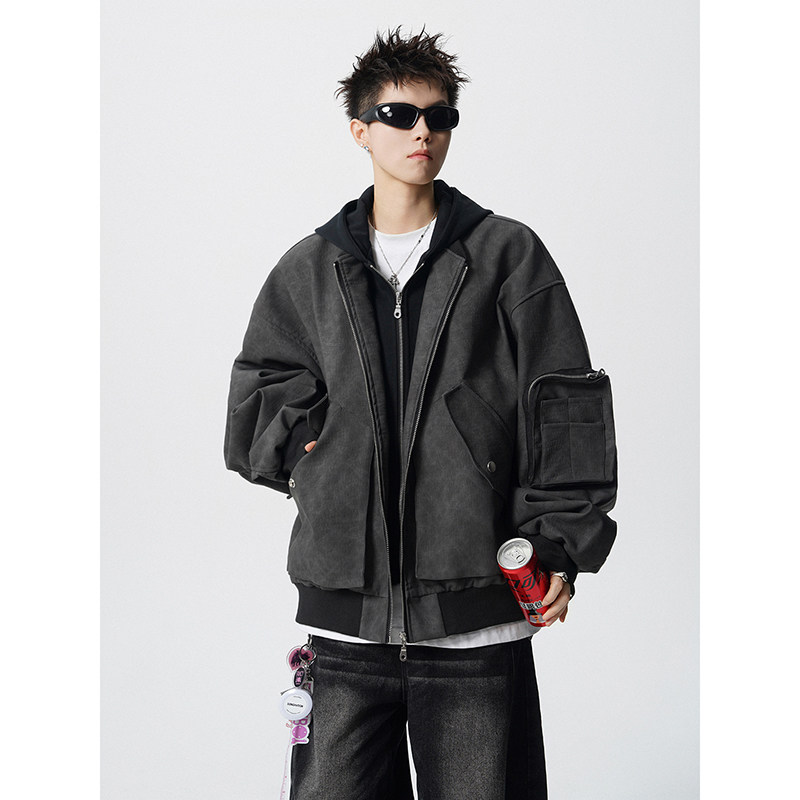 假两件拼接连帽拉链皮衣外套夹克宽松飞行服男百搭409-J200-P128,男装夹克,星座409(原A307）
