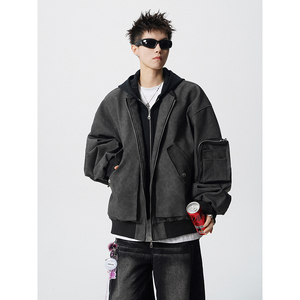 假两件拼接连帽拉链皮衣外套夹克宽松飞行服男百搭409-J200-P128,皮衣好看的搭配好看图片