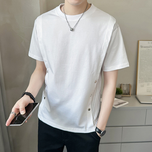 男短袖夏季新款条纹拼接衣服潮牌圆领白色男士t恤A307-TX66-P48图片