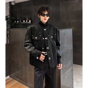 高级感金属磁吸扣无领皮衣 百搭短款皮夹克小香风409-5618-P118图片