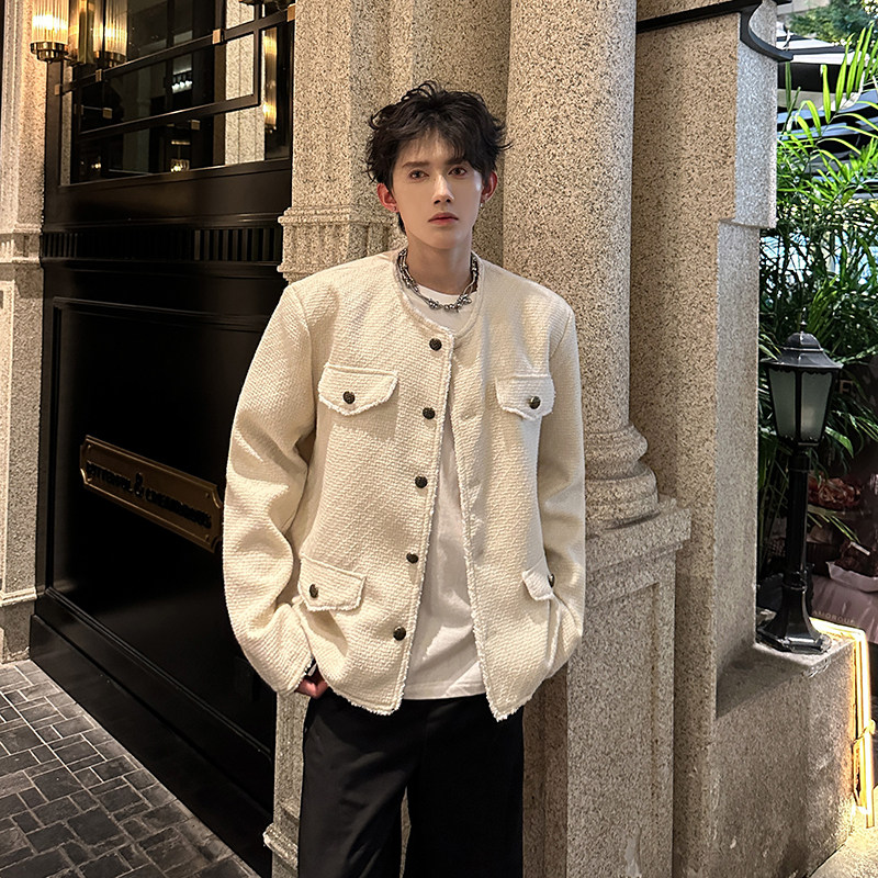 白色毛呢小香风外套男无领高级设计感垫肩夹克409-5606-P118,男装夹克,星座409(原A307）