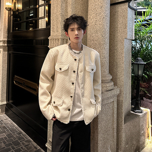 白色毛呢小香风外套男无领高级设计感垫肩夹克409-5606-P118图片