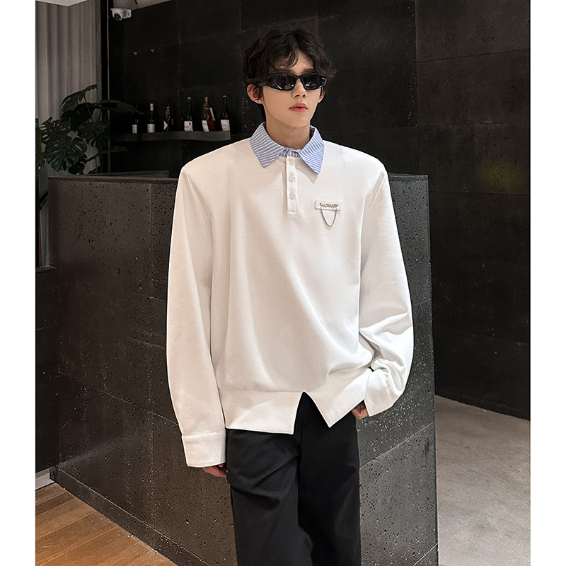 小众轻奢高级感条纹拼接假两件衬衫男痞帅Polo领上衣409-5625-P58,男装衬衫,星座409(原A307）