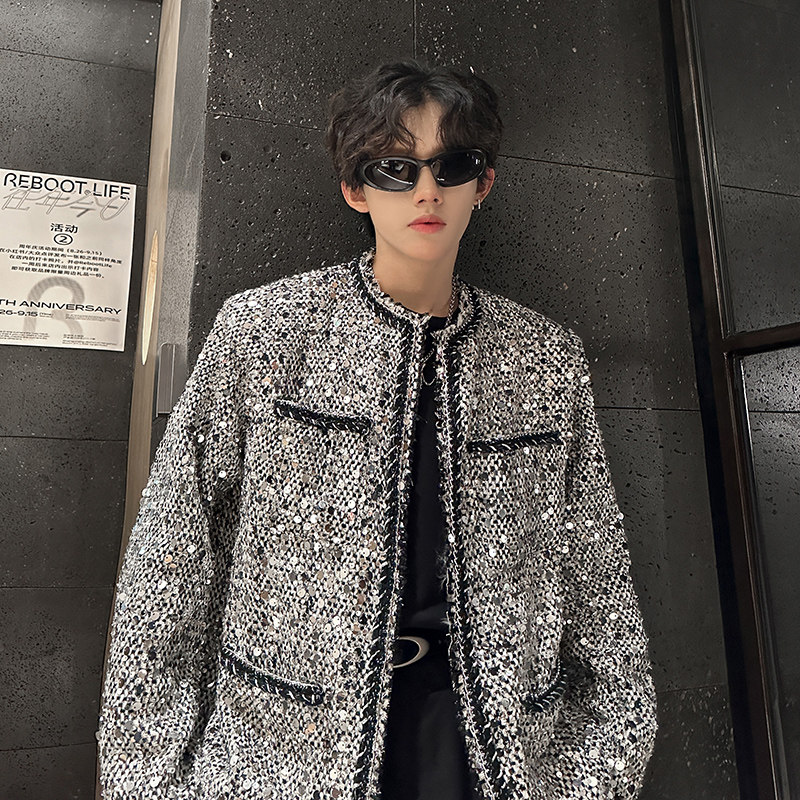 小香风垫肩外套男春秋款亮片炸街潮流休闲夹克上衣409-5562-P138图片