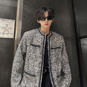 小香风垫肩外套男春秋款亮片炸街潮流休闲夹克上衣409-5562-P138图片