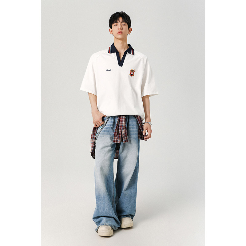 美式复古polo短袖T恤男2025夏季宽松V领半袖新款上衣409-2529-P45,男装T恤,星座409(原A307）