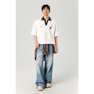 美式复古polo短袖T恤男2025夏季宽松V领半袖新款上衣409-2529-P45图片