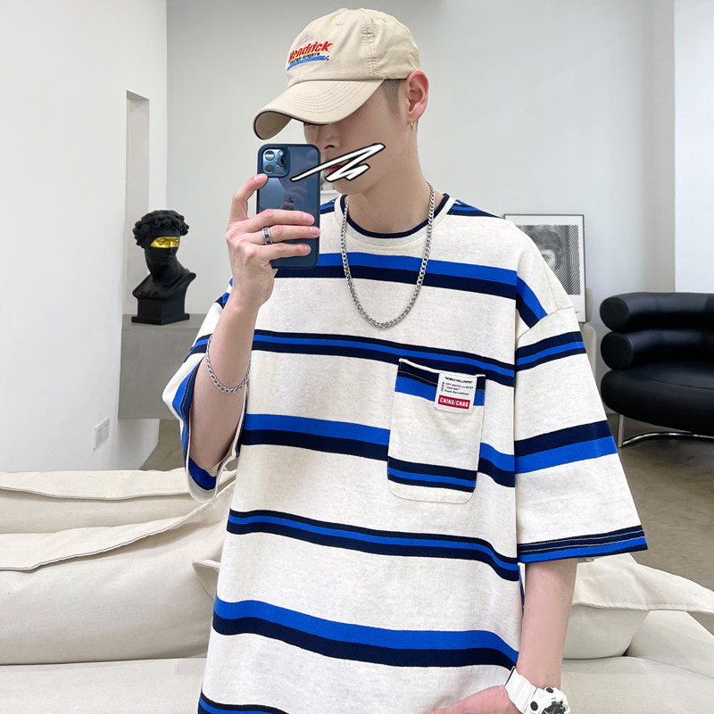 夏季新款条纹短袖男宽松五分袖T恤ins潮流韩版港风404-2-TW66,男装T恤,星座409(原A307）