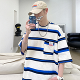 夏季新款条纹短袖男宽松五分袖T恤ins潮流韩版港风404-2-TW66，男装T恤，星座409(原A307）