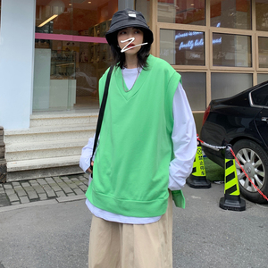 2021港风男女春季宽松V领无袖卫衣马甲背心+慵懒打底衫上衣两件套图片