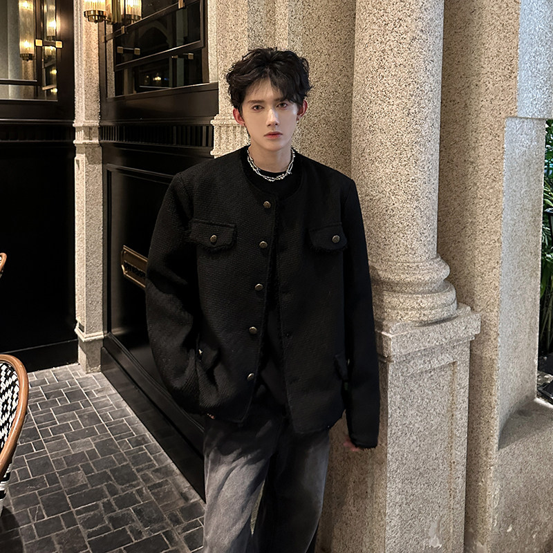 白色毛呢小香风外套男无领高级设计感垫肩夹克409-5606-P118,男装夹克,星座409(原A307）