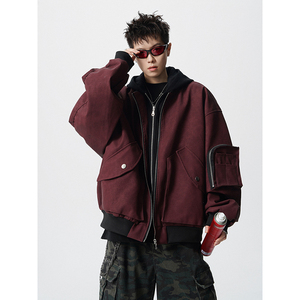 假两件拼接连帽拉链皮衣外套夹克宽松飞行服男百搭409-J200-P128图片
