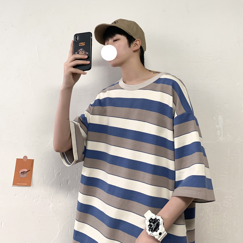 夏新款条纹短袖男宽松五分袖港风T恤ins潮流韩版xz404-2-TW06,男装T恤,星座409(原A307）