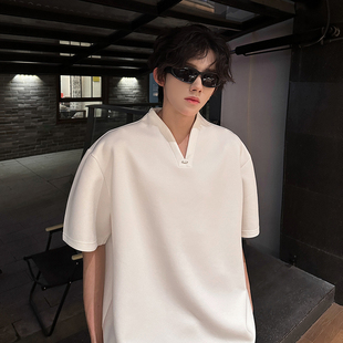 简约V领金属装饰休闲短袖T恤 百搭流行上衣oversize 409-2531-P35