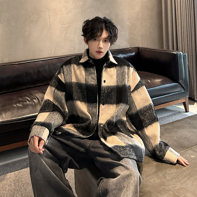 加棉加厚毛呢大衣男短款格子呢子外套宽松小香风上衣409-F58-P78，男装毛呢大衣，星座409(原A307）