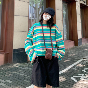 港风圆领T恤上衣2021春季新款宽松长袖条纹卫衣XZ404-2-TW09