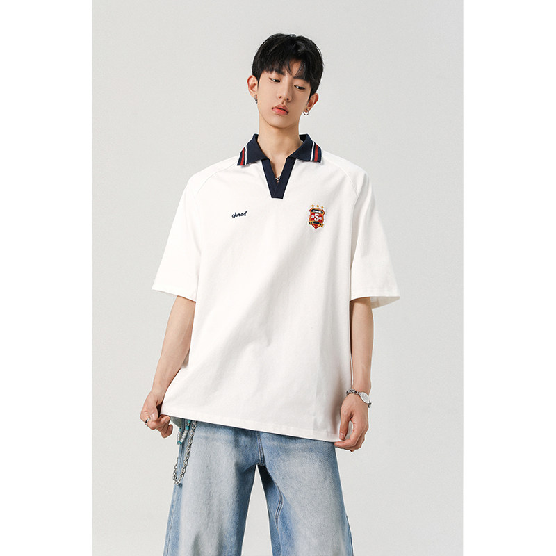 美式复古polo短袖T恤男2025夏季宽松V领半袖新款上衣409-2529-P45,男装T恤,星座409(原A307）